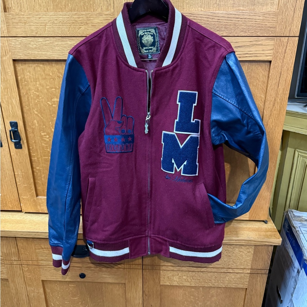 Live Mechanics Women’s XL Leather & Wool Blend Varsity Jacket in Burgundy & Navy